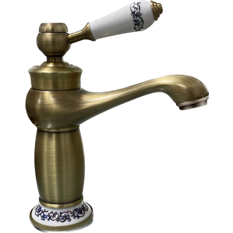 Mélangeur de lavabo de salle de bain vieux laiton avec détails en céramique vintage