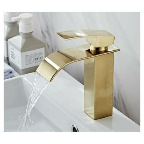 Mélangeur de lavabo Robinet Mono-trou Mitigeur sur Lavabo Robinetterie Lave-mains avec Levier Unique en Cuivre Mélangeur à l'Eau Chaude et Froide- Or