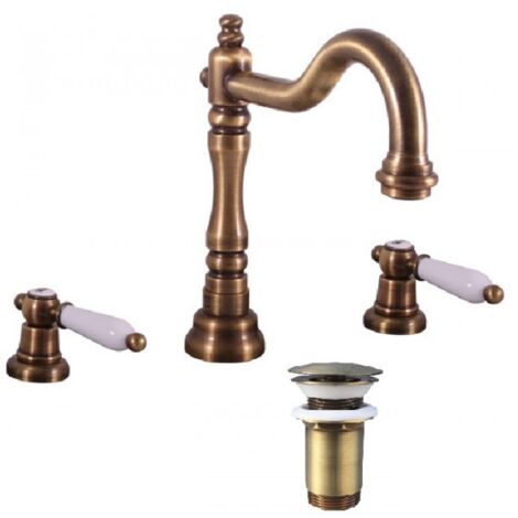 Mélangeur lavabo rétro 3 trous MORAVA avec bonde laiton bronze