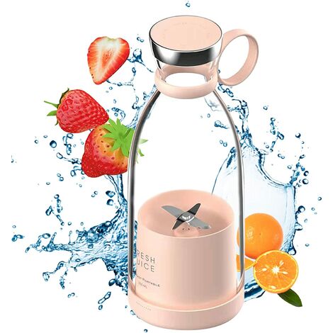 Mélangeur portable de 350 ml, mélangeur de smoothie portatif, shaker, chargement sans fil à quatre lames, mini mélangeur de bouteille de voyage (rose)
