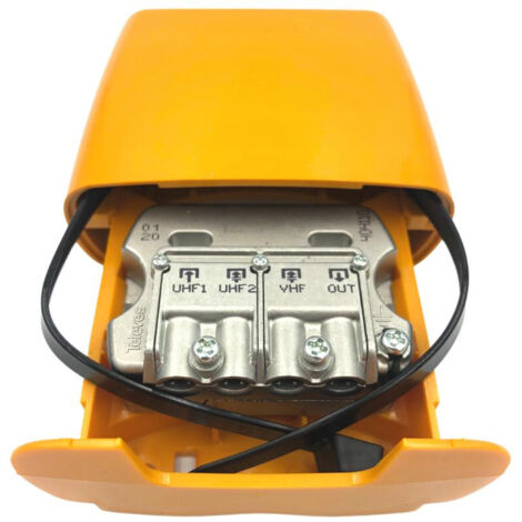 Mélangeur VHF-UHF pour 3 antennes TNT – Réduction perte d'insertion 1 dB – Boîte ABS résistante intempéries – Dimensions 126 x 136 x 41 mm – Televes