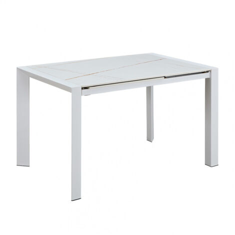 MELIA - Table Repas Allongeable Plateau Céramique Marbré Blanc Pieds Métal Blanc
