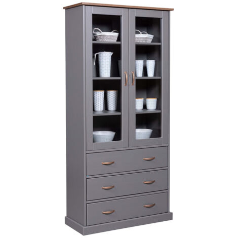 MELINA - Vitrine 2 Portes 3 Tiroirs en MDF Laqué Gris Foncé