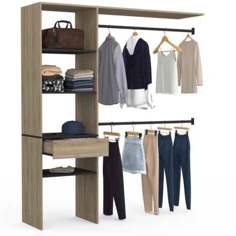 MELINE 160 x 40 x 180 cm set spogliatoio in faggio con ripiani neri + cassetto + armadio doppio