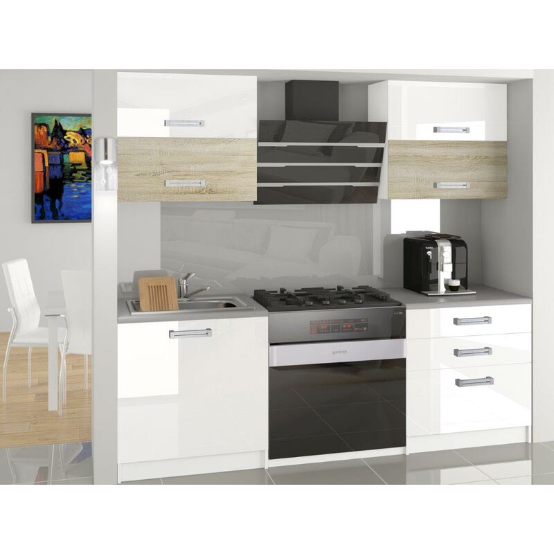 

MELIOR | Cocina completa modular lineal L 120cm 4 piezas | Plan de trabajo INCLUIDO | Conjunto de armario con acabado lacado - Blanco/Sonoma