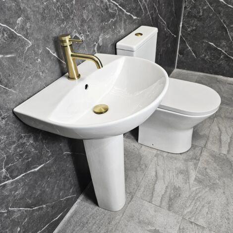 Melissa Bathroom Suite with Brushed Brass Hinges & Flush Button Toilet & Basin, With Tap