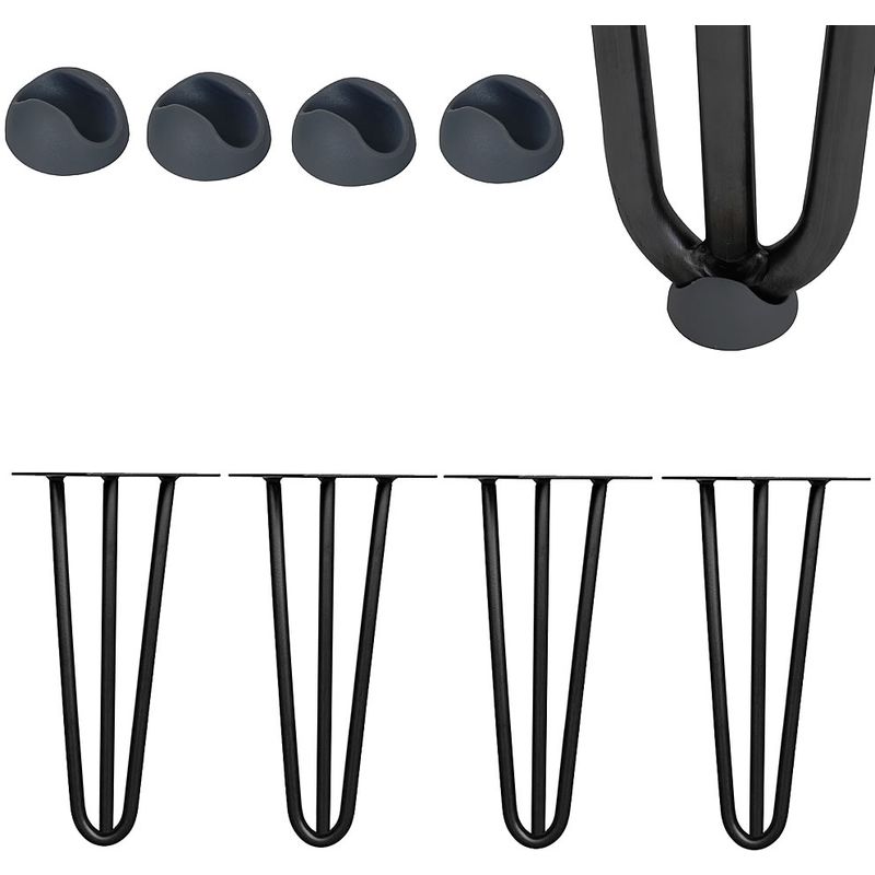 4 pièces Pieds en épingle à cheveux Pieds de table en épingle à cheveux en acier de 12 mm avec protection de sol | hauteur 60 cm, 3 supports, noir