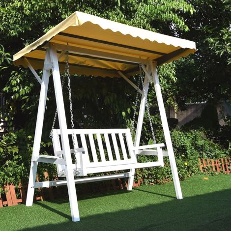 Melko – Balançoire de jardin en bois 188 x 161 x 88 cm – Chaise longue suspendue avec auvent – Charge maximale 200 kg – Cadre blanc et gris