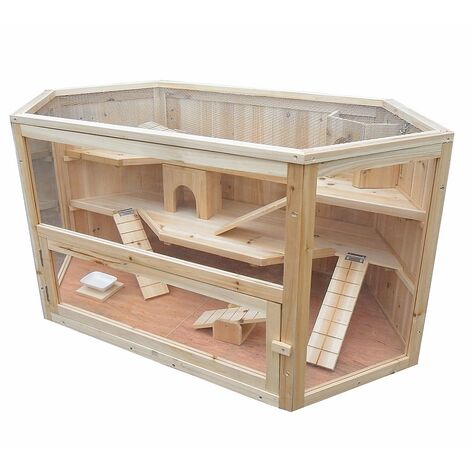 Melko – Cage pour rongeur en bois 115 x 60 x 58 cm – 3 niveaux avec 2 chalets, 3 escaliers, 2 balançoires – Plexiglas et grille acier