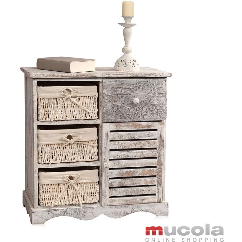 Melko Commode Armoire de style Shabby avec 3 paniers beige avec porte + tiroir couloir haut 63 cm x 59,5 cm x 28 cm