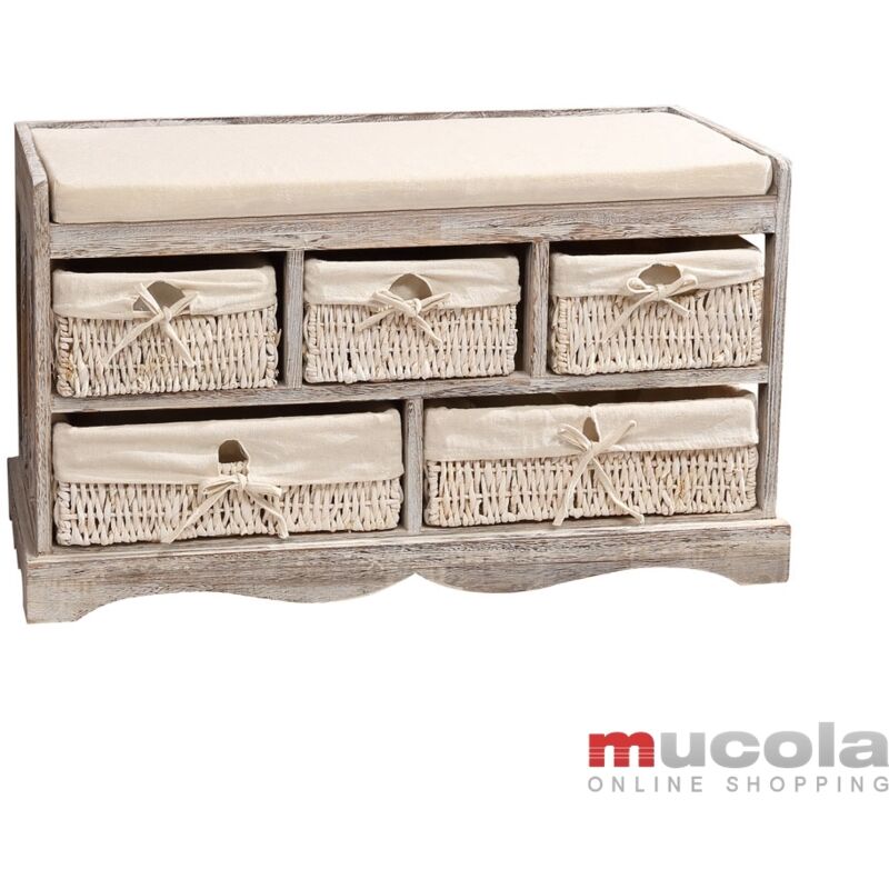 Commode de banc avec 5 paniers comme espace de rangement dans le noble look Shabby Chic, y compris un coussin d'assise confortable, blanc, 44,5 x