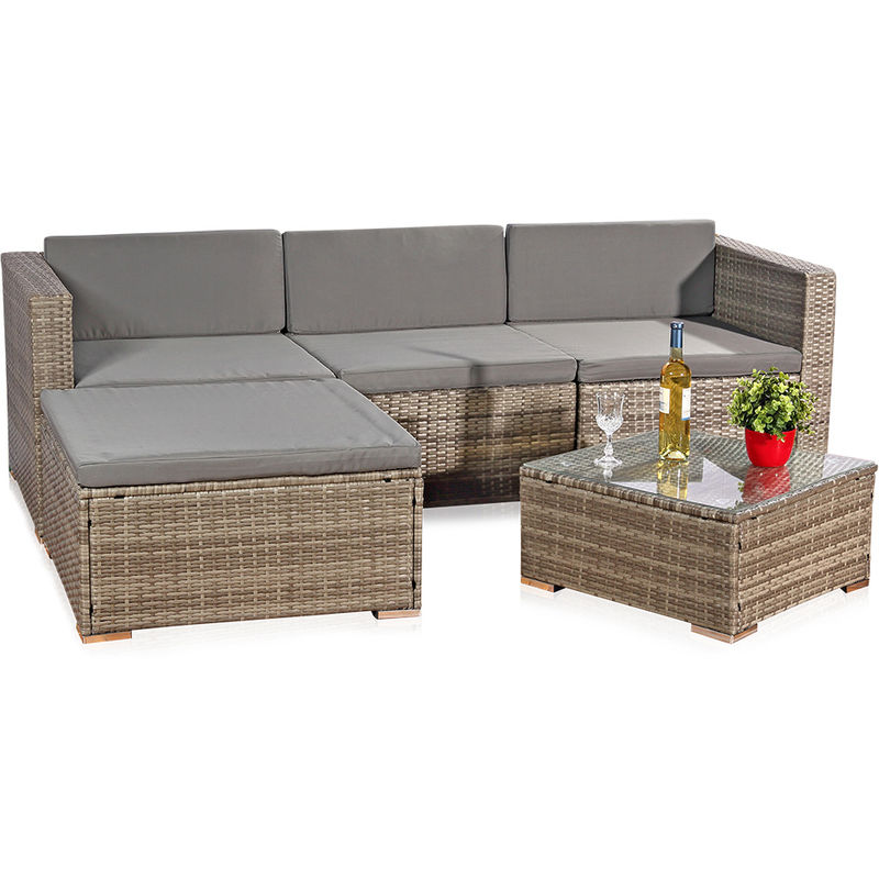 Ensemble de meubles de jardin en rotin - canapé avec table, tabouret et chaise, en polyrattan, résistant aux intempéries et robuste, canapé d'angle