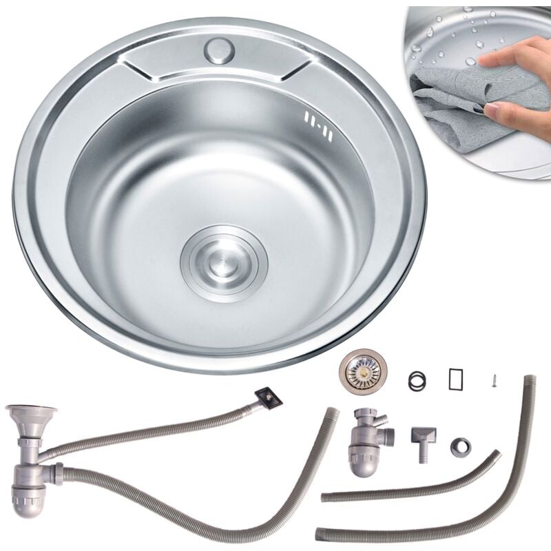 Vier de cuisine encastré Évier de cuisine rond en acier inoxydable, environ Ø49 x 18,5 cm - Melko