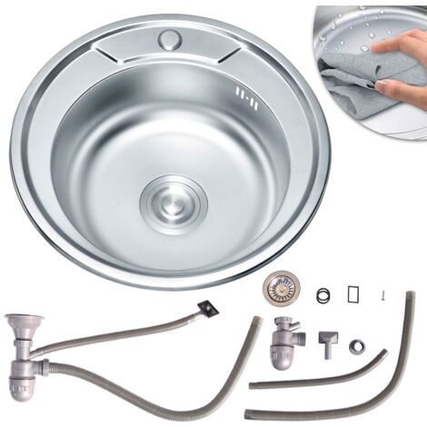 Melko – Évier de cuisine rond encastré en acier inoxydable Ø49 cm – Kit de vidange inclus – Surface satinée – Pré-perforé pour montage facile