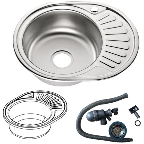 Melko – Évier encastré rond en acier inoxydable 57 x 45 cm – 1 bac avec égouttoir à droite – Garniture d'écoulement incluse – Surface satinée moderne