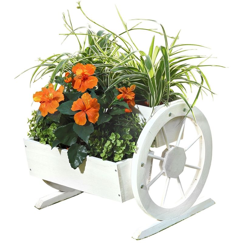 Jardinière en bois avec roues de chariot 44 x 42 x 40 cm - beau pot de plantes décoratif avec de grandes roues de chariot, bois d'épicéa, blanc