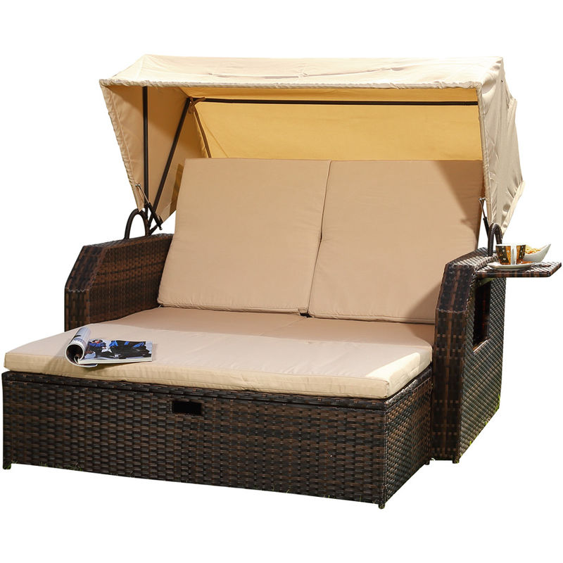 Melko - Lit de bronzage /chaise de plage/salon en polyrattan, marron, y compris tablette latérale pliante + dossier réglable + parasol pliable