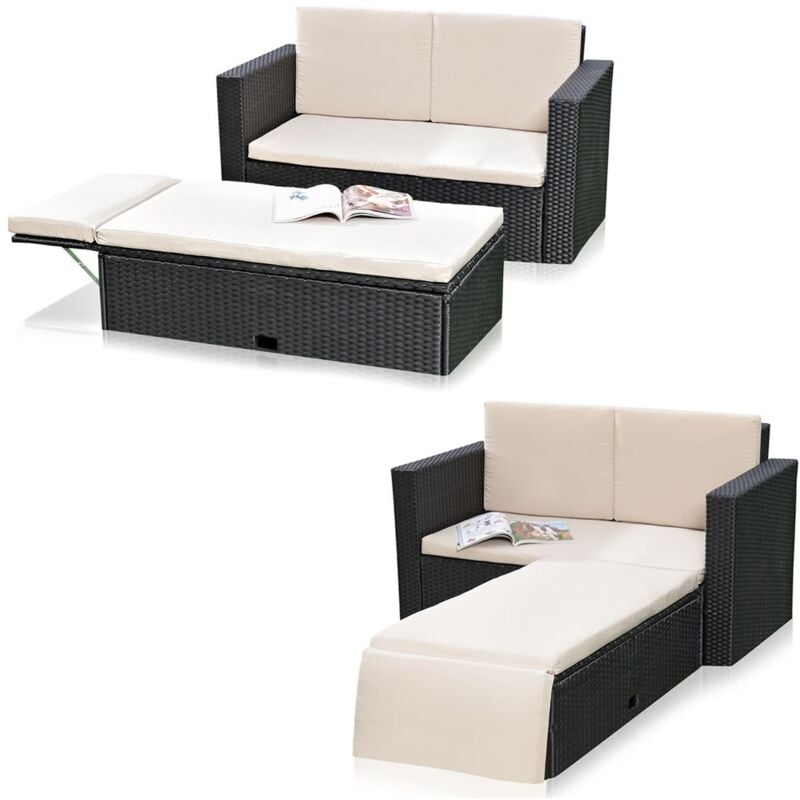 Lounge canapé de jardin, en poly rotin, avec repose-pieds pliable, y compris les coussins, en plusieurs parties, noir - Melko