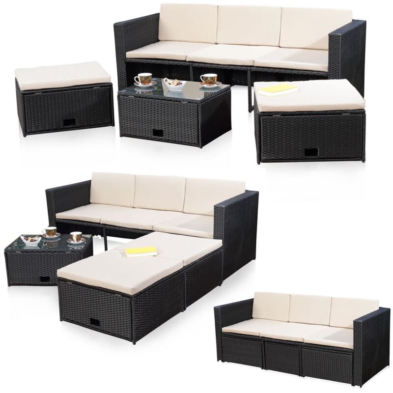 Lounge canapé set de jardin, polyrattan, avec table en verre, y compris les coussins, noir - Melko