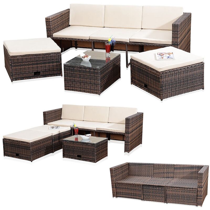 Lounge garden set, polyrattan, canapé avec table en verre, y compris les coussins, marron - Melko