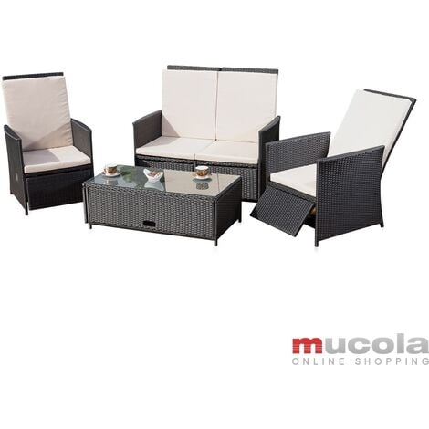 Melko Lounge garden set rattan furniture seat set with glass table made of polyrattan, black, incl. upholstery, multi-piece