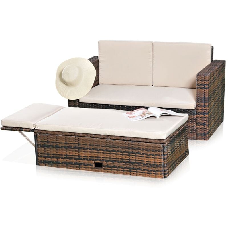 Melko - Lounge sofa set set de jardin, poly rotin, avec pouf pliant, noir, y compris les coussins, multi-pièces, marron