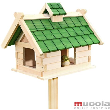 Melko – Maison d'oiseaux en bois avec bardeaux verts – Dimensions 44x34x37cm – Prétraitée pour extérieur – Nichoir et mangeoire XXL