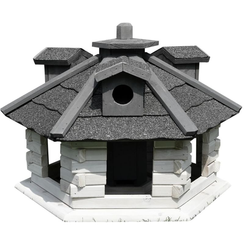 Melko Maison d'oiseaux hexagonale avec bardeaux de bitume et distributeur de nourriture blanc/gris 48 x 33 cm, prétraitée
