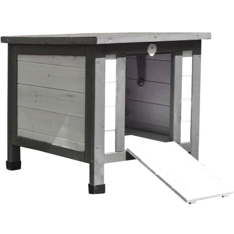 Melko – Maisonnette pour chat en bois gris/blanc 50x45x43 cm – Toit à charnières – Rampe d'accès – Pour extérieur et jardin