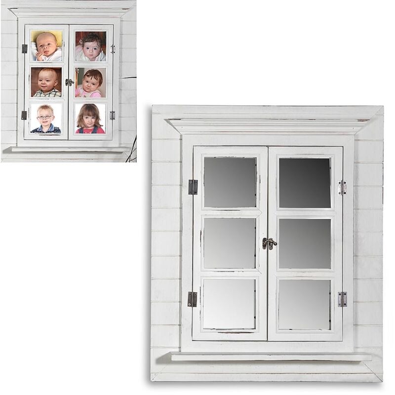 Miroir mural avec volets 64x54cm Shabby Chic miroir blanc fenêtre avec étagère miroir suspendu avec fenêtre cadre photo 13x13 cm - Melko