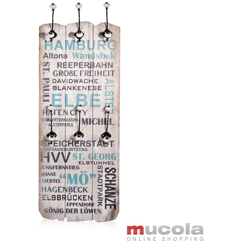 Melko - Porte-manteau mural avec 6 patères et motif en bois