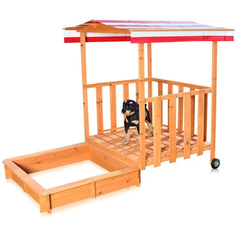 Melko Sandkasten Sandbox mit Abdeckung und Sonnenschutz aus Holz für Kinder, 182 x 100 x 140, mit Veranda und Geländer, Dach rot weiß