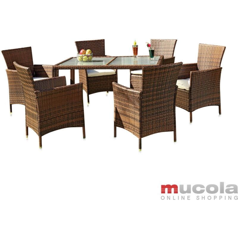 Melko set de table en rotin - set de jardin avec 6 chaises et table de jardin avec plateau en verre set avec rembourrage, groupe de sièges, meubles