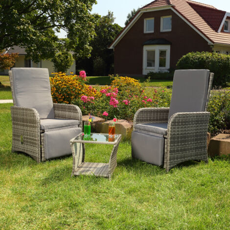Melko Sitzgarnitur Grau 2 Sessel + Tisch Polyrattan Lounge Garnitur Gartenmöbel  