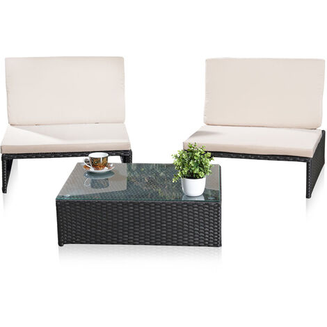 Melko vielseitiges Gartenmöbel-Set – Sonnenliege, Sitzbank oder zwei Stühle mit Rückenlehne, mit Tisch aus Polyrattan, Gartenliege robust und wetterfest, Schwarz