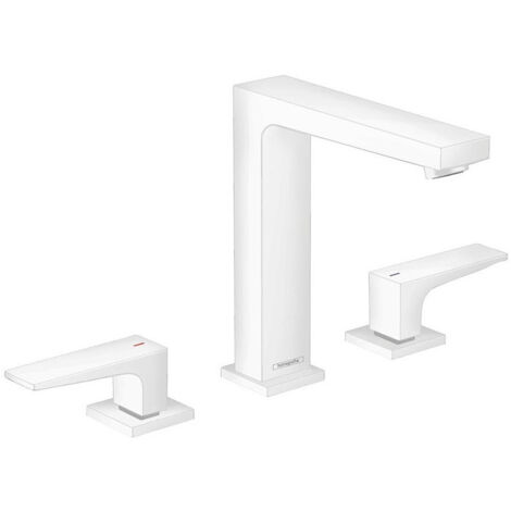 Mélongeur de lavabo 160, 3 trou s poignées manettes, bonde Push-Open blanc mat
