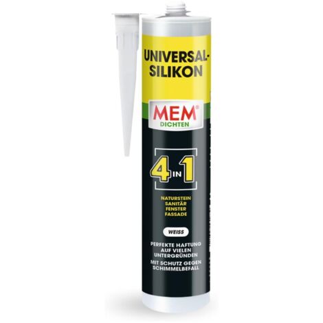 MEM Universal Silikon 4in1, Silikon-Dichtstoff für zahlreiche Untergründe, Im Innen- und Außenbereich, Weiß, Kartusche 300ml