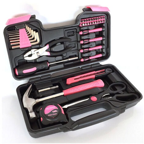 Memkey – Boîte à outils rose 39 pièces – Kit complet pour assemblage et réparations – Outils pour bois dur et carton – Compact et portable