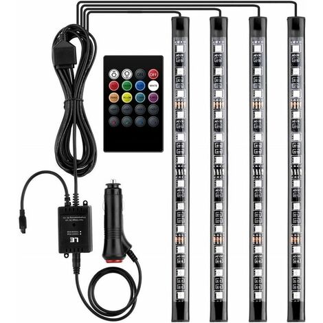 Memkey – Éclairage intérieur de voiture 12V – Lot de 4 bandes LED RGB 3m – Télécommande – Éclairage étanche pour allume-cigare
