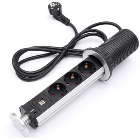 Memkey – Multiprise électrique pop-up 3 prises – 2 ports USB – Câble 2m – Norme européenne – Installation verticale/horizontale