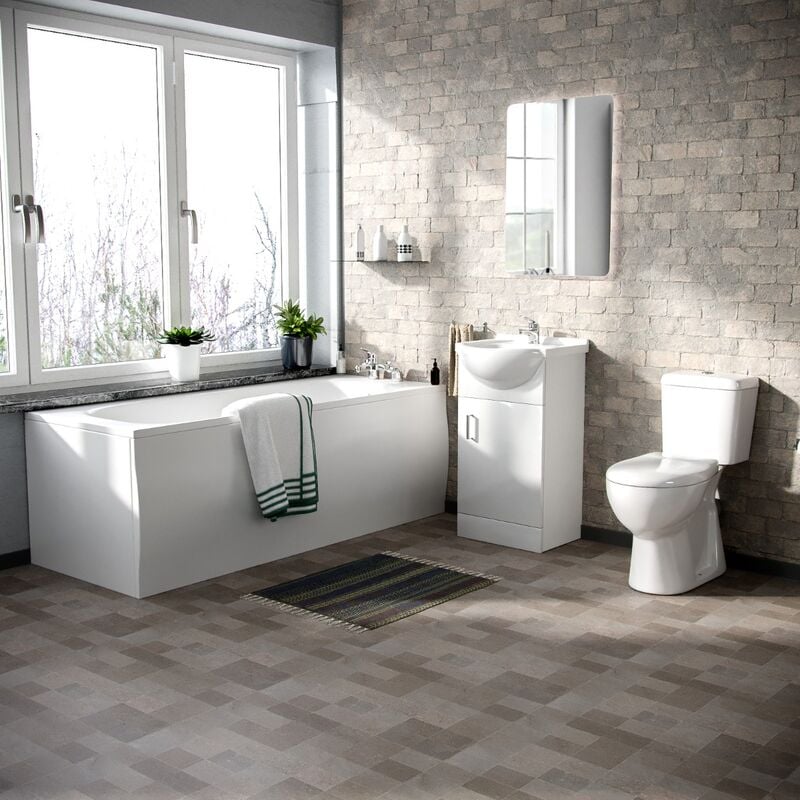 Neshome - Memphis 3-Piece Bathroom Suite White - Close Coupled Toilet, 450mm Basin Vanity Unit and Round Bath Tub