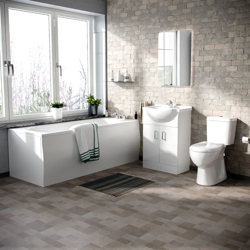 Memphis fp 3-Piece Bathroom Suite White - Close Coupled Toilet, 550mm Basin Vanity Unit and Round Bath Tub