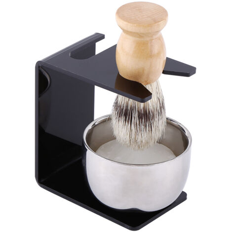 Men New Black Shaving Tool Stand Holder Nylon Hair Brush Stainless Steel Bowl Soap