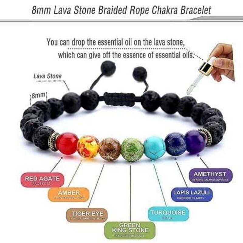 Men Women 8mm Lava Rock 7 Chakras Aromatherapy Essential Oil Diffuser Bracelet
