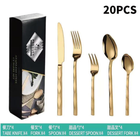 Ménagère 20 pièces en acier inoxydable à manches diamantées, pour 4 personnes : couteau, fourchette, cuillère et couverts à dessert. Finition polie miroir - or - coffret noir