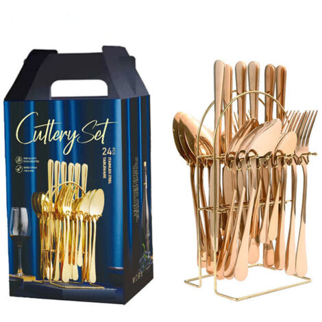 Ménagère 24 pièces en acier inoxydable avec support, finition polie miroir, pour 6 personnes, compatible lave-vaisselle, or rose