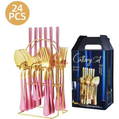 Ménagère 24 pièces en acier inoxydable poli miroir, pour 6 personnes, compatible lave-vaisselle, or rose clair
