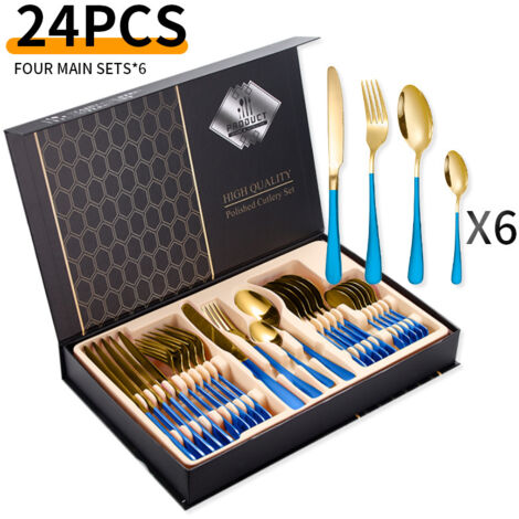 Ménagère 24 pièces en acier inoxydable – pour 6 personnes – acier inoxydable – bleu/or