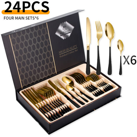 Ménagère 24 pièces en acier inoxydable – pour 6 personnes – acier inoxydable – noir/or