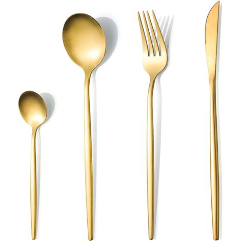 Ménagère 24 pièces or mat pour 6 personnes, SANLI Un service de table moderne en acier inoxydable, couteau, fourchette, cuillère, va au lave-vaisselle.